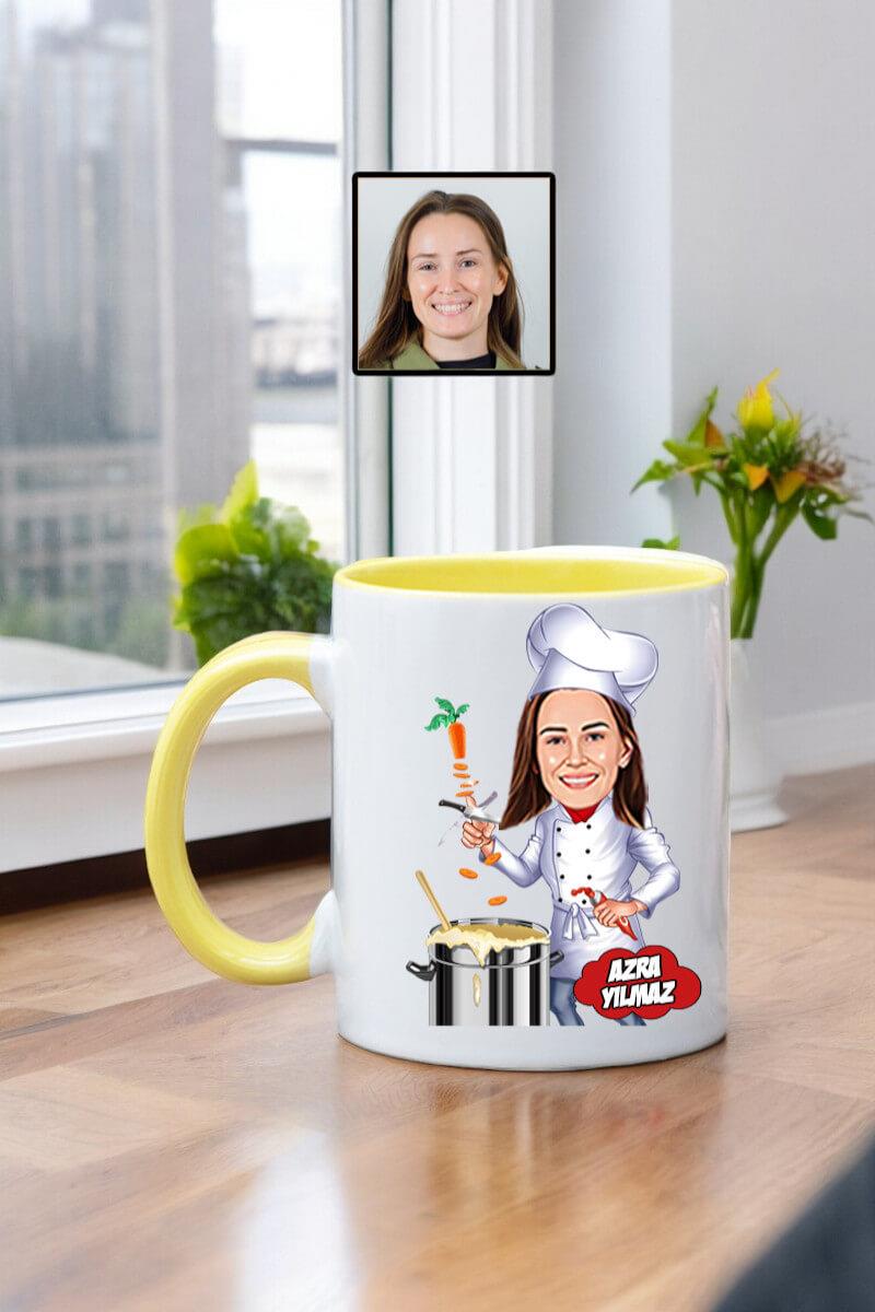 Aşçı Arkadaşa Hediye Kadın Chef Karikatürlü Kupa Bardak