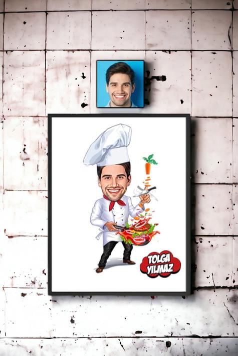Aşçıya Hediye Kişiye Özel Aşçı Karikatürlü Hediyelik Çerçeve