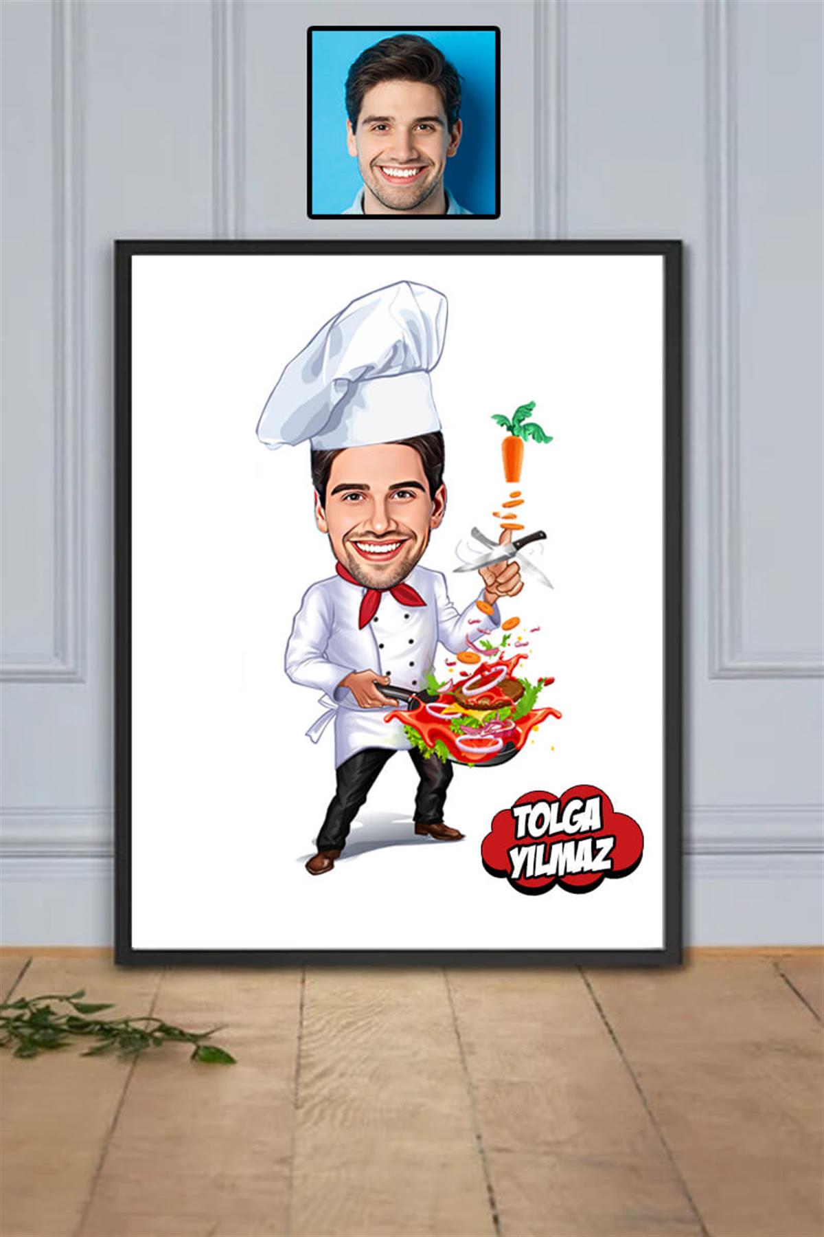 Aşçıya Hediye Kişiye Özel Aşçı Karikatürlü Hediyelik Çerçeve