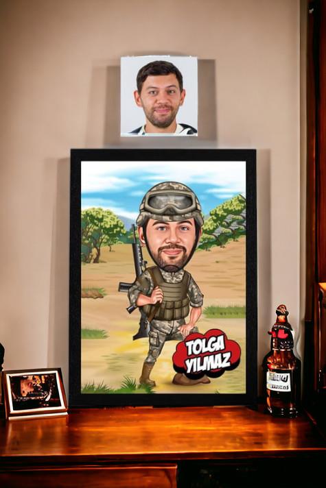 Asker Sevgiliye Doğum Günü Hediyesi Asker Karikatürlü Dikdörtgen Çerçeve
