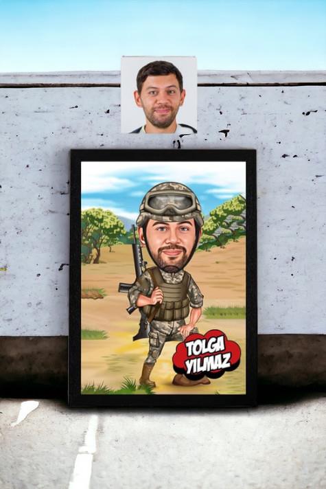 Asker Sevgiliye Doğum Günü Hediyesi Asker Karikatürlü Dikdörtgen Çerçeve