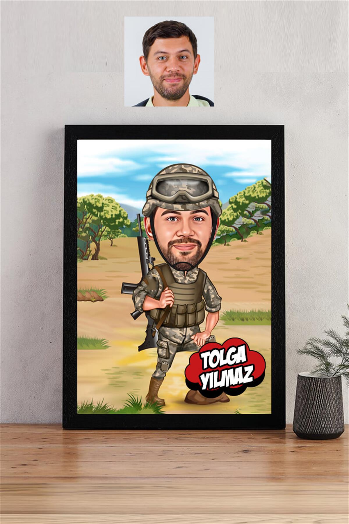 Asker Sevgiliye Doğum Günü Hediyesi Asker Karikatürlü Dikdörtgen Çerçeve