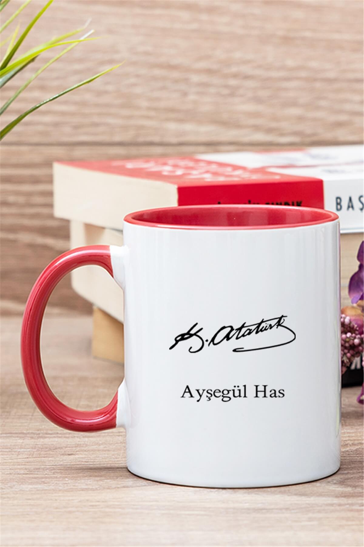Atatürk İmzalı İsme Özel İçi Renkli Kupa Bardak