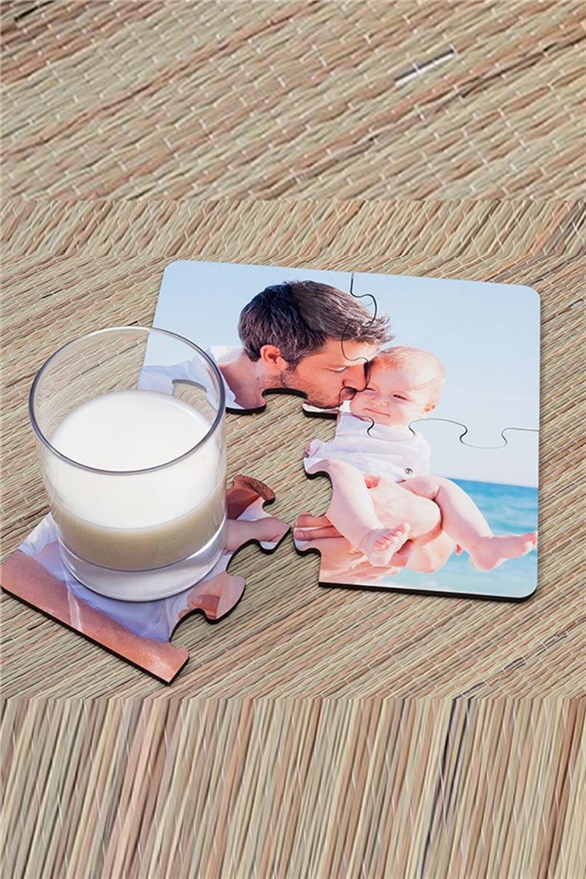 Babaya Hediye Fotoğraf Baskılı Ahşap Puzzle Bardak Altlığı