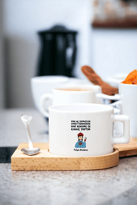 Kahve Severlere Hediye Kahve Yaptım Tasarımlı Ahşap Altlıklı Fincan