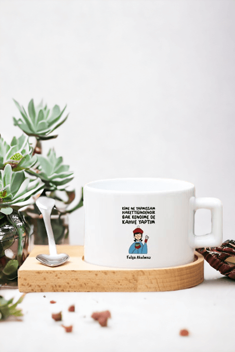 Kahve Severlere Hediye Kahve Yaptım Tasarımlı Ahşap Altlıklı Fincan