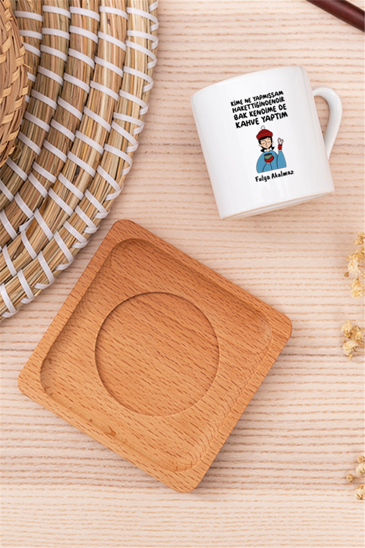 Bak Kendime De Kahve Yaptım Ahşap Altlıklı Türk Kahvesi Fincanı