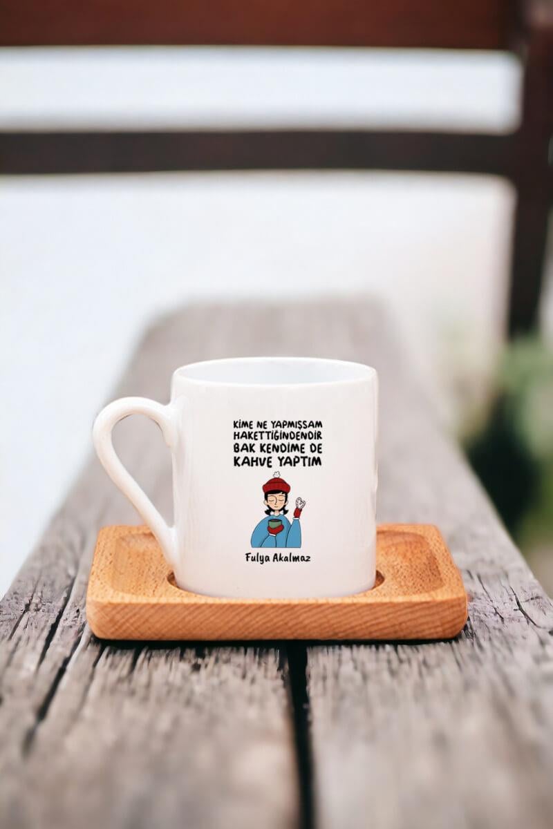 Bak Kendime De Kahve Yaptım Ahşap Altlıklı Türk Kahvesi Fincanı
