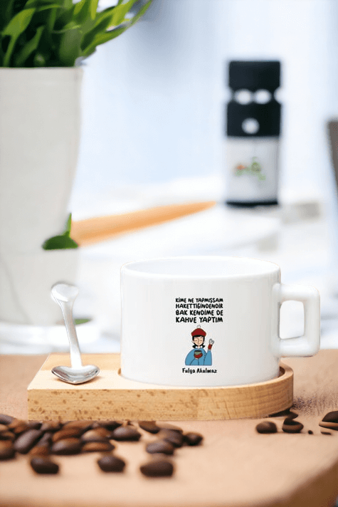 Kahve Severlere Hediye Kahve Yaptım Tasarımlı Ahşap Altlıklı Fincan