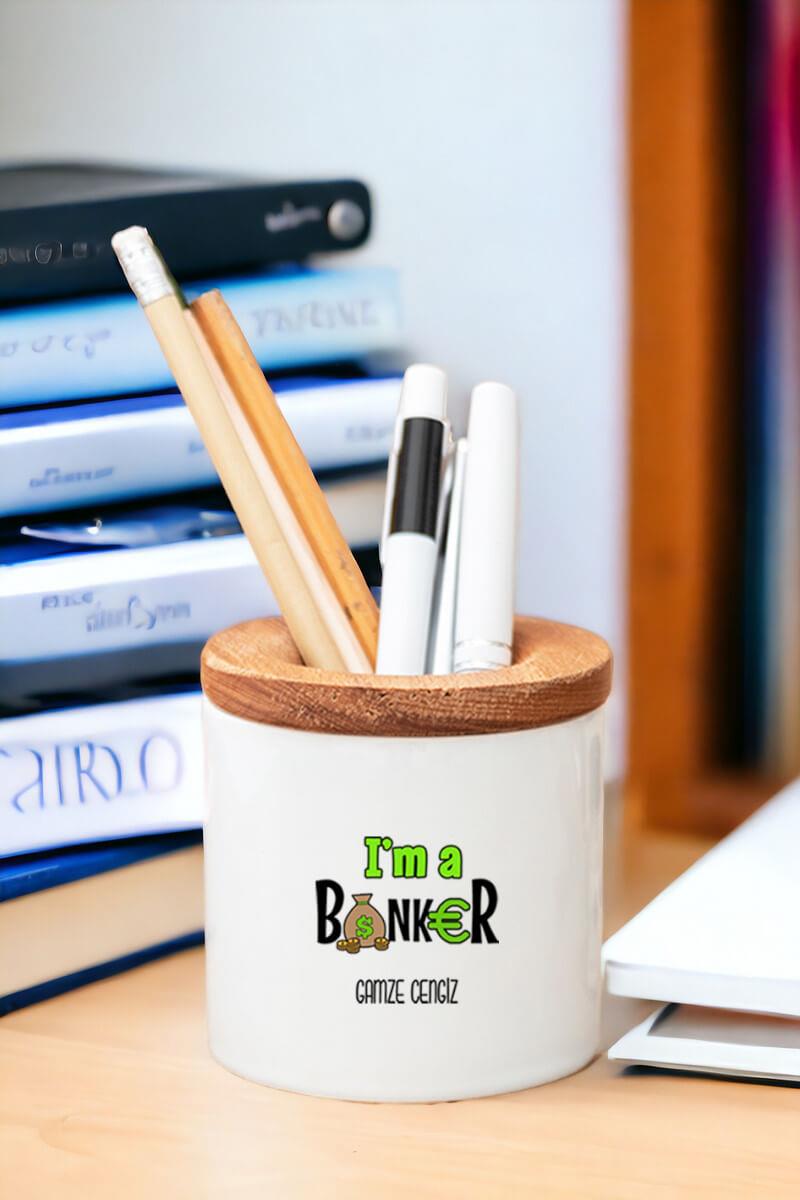 Bankacı Ahşap Kapaklı Kalemlik