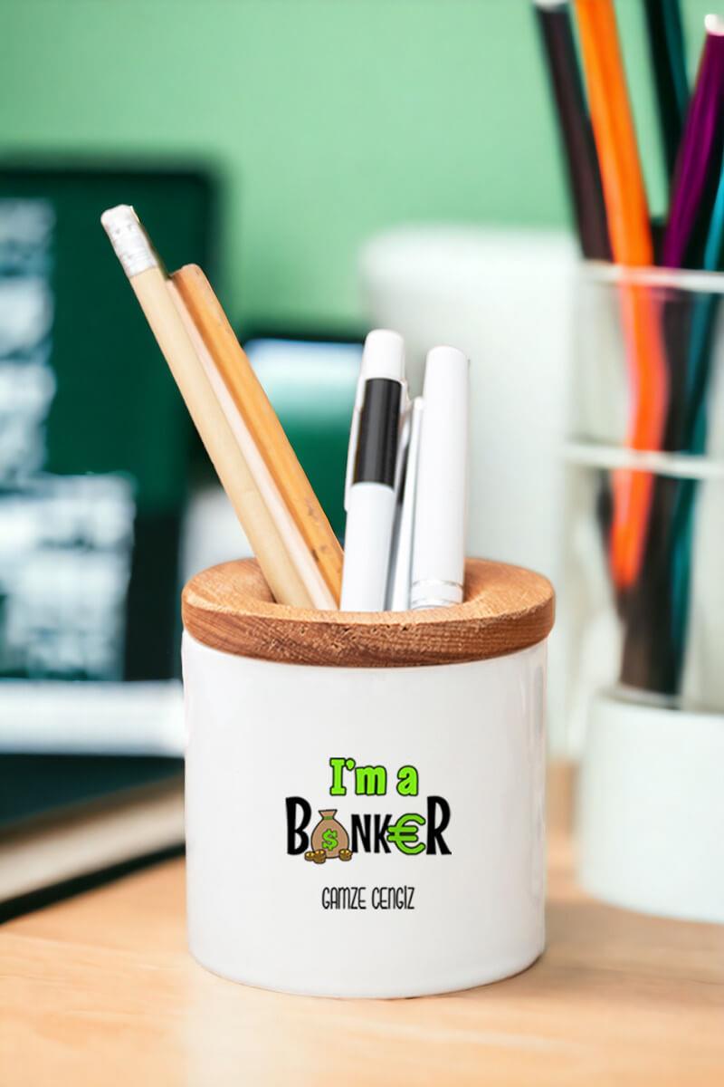 Bankacı Ahşap Kapaklı Kalemlik