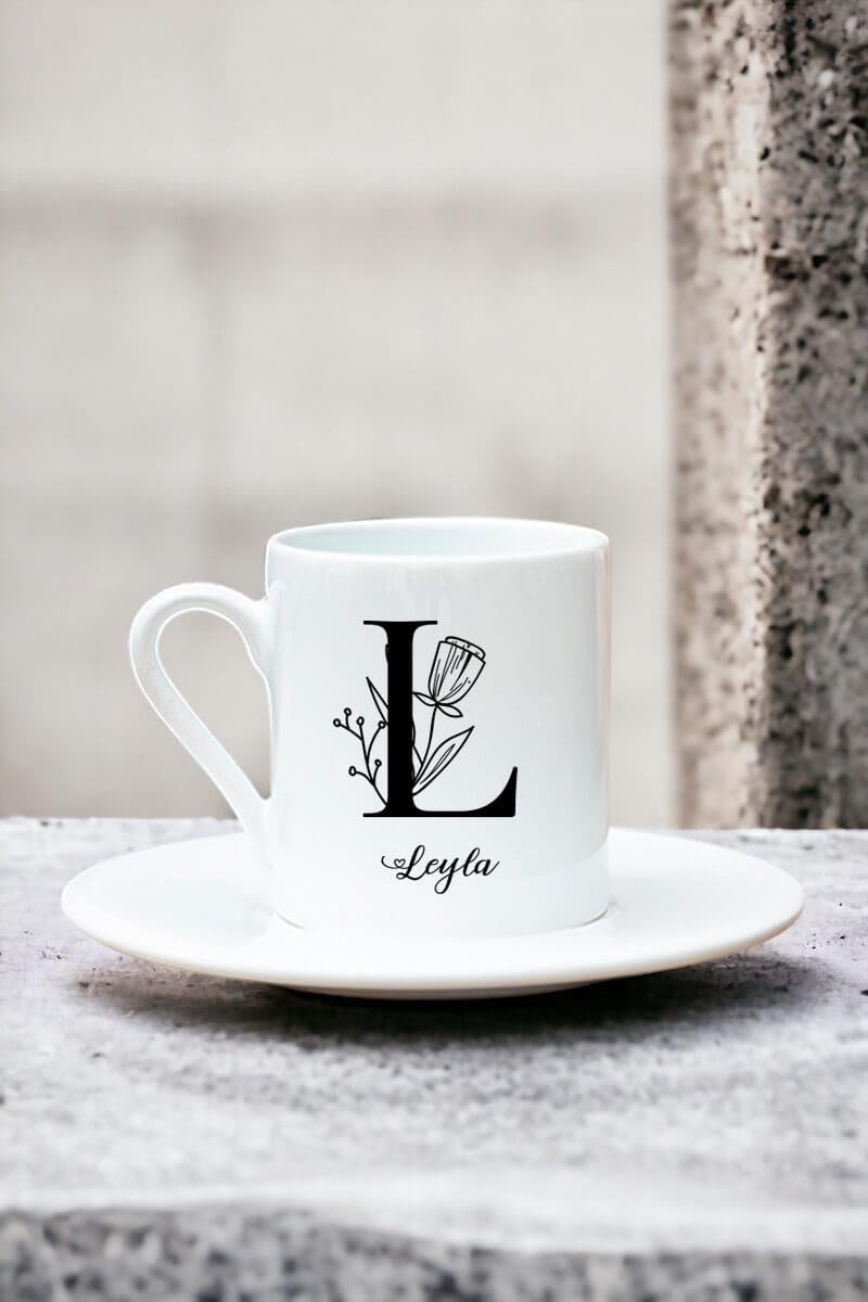 Baş Harfli Çiçek Tasarım Beyaz Türk Kahvesi Fincanı