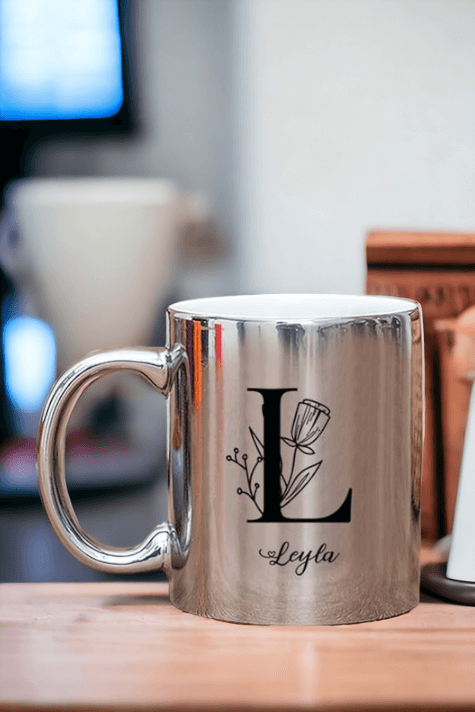 Baş Harfli Çiçek Tasarım Gold - Silver Kupa Bardak