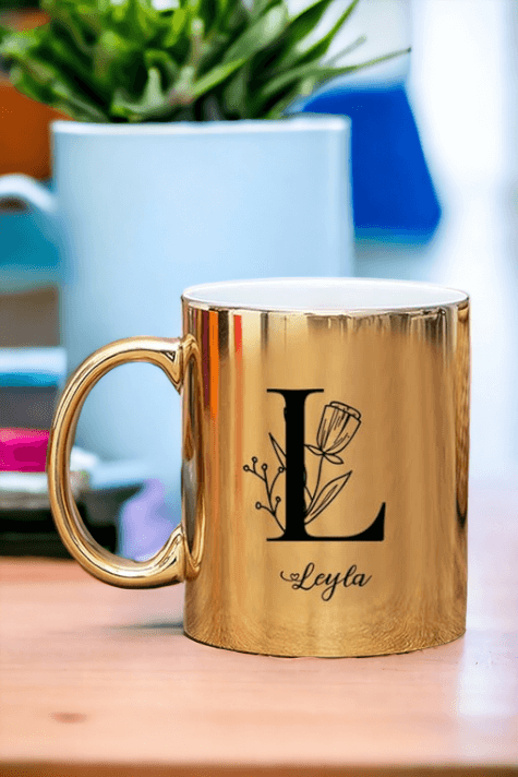 Baş Harfli Çiçek Tasarım Gold - Silver Kupa Bardak