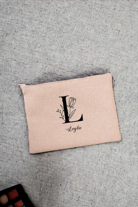 Baş Harfli Çiçek Tasarım Keten Bez El Çantası