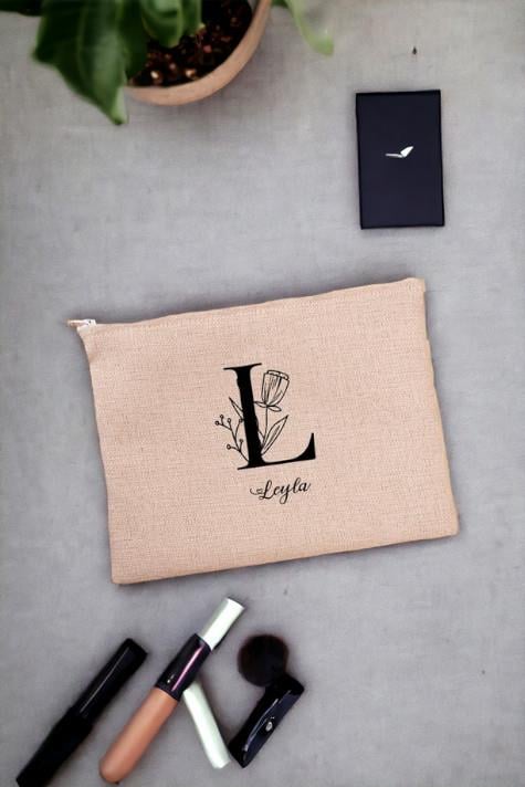 Baş Harfli Çiçek Tasarım Keten Bez El Çantası