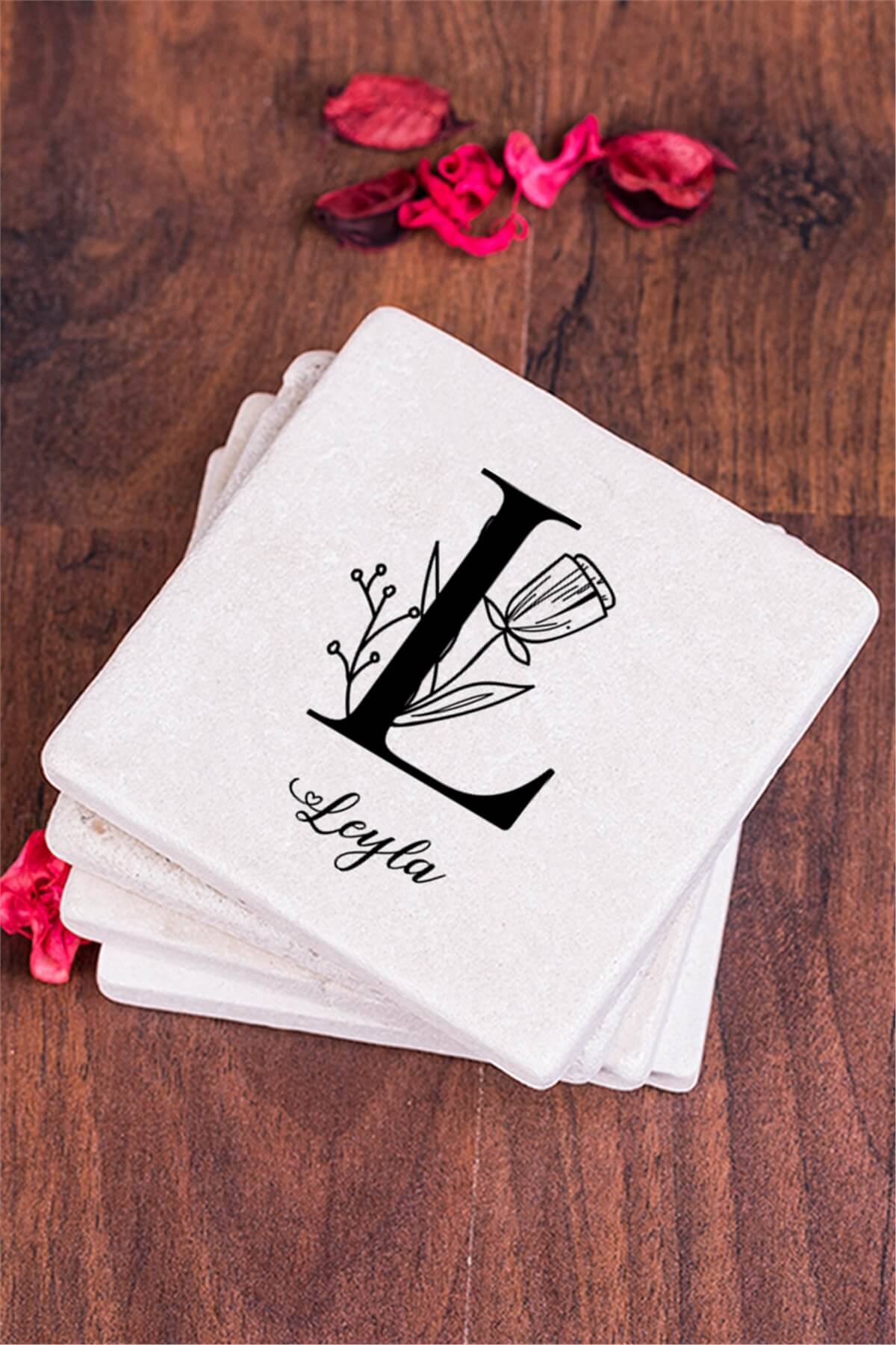 Baş Harfli Çiçek Tasarım Taş Bardak Altlığı