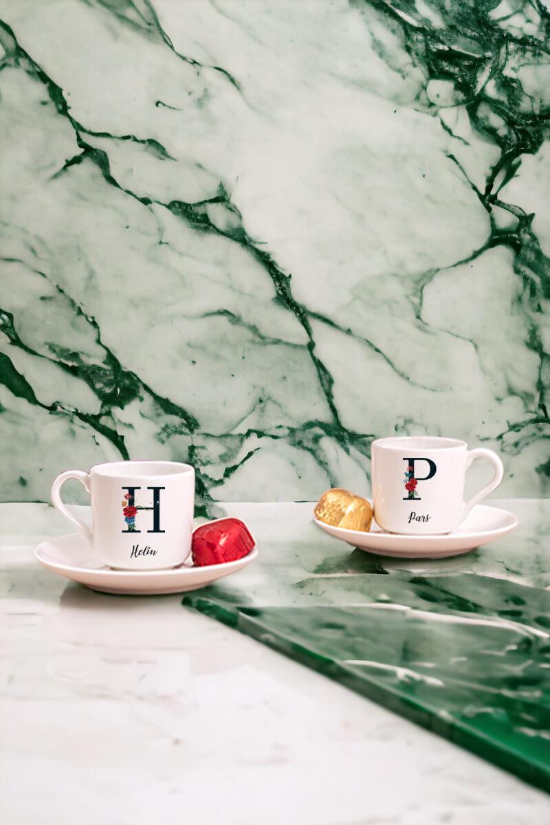 Baş Harfli ve İsimli İkili Porselen Türk Kahvesi Fincanı