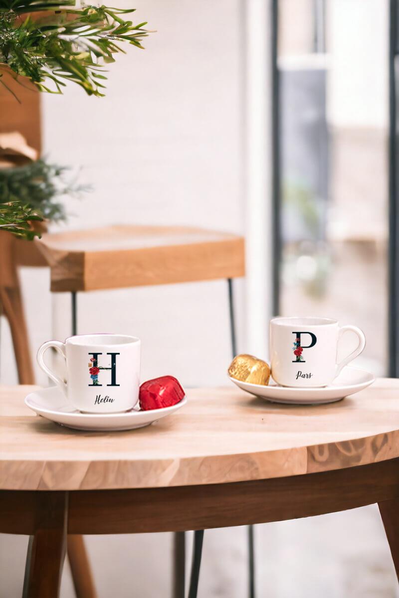 Baş Harfli ve İsimli İkili Porselen Türk Kahvesi Fincanı