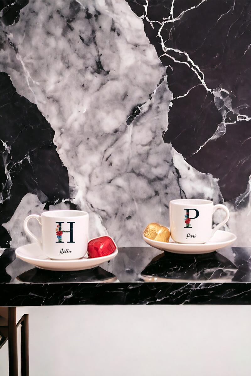 Baş Harfli ve İsimli İkili Porselen Türk Kahvesi Fincanı
