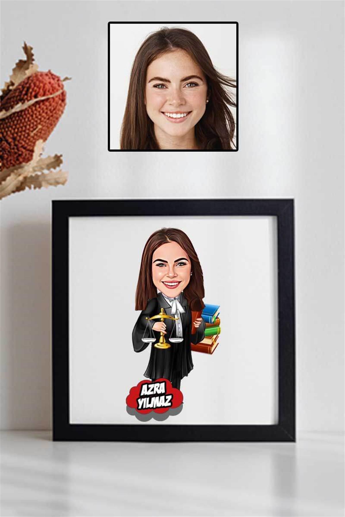 Bayan Avukata Hediye Karikatürlü Kare Çerçeve