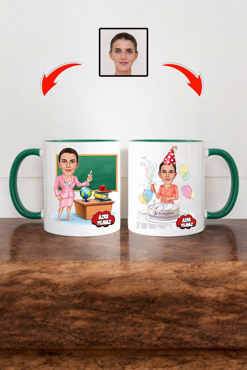 Bayan Öğretmene Doğum Günü Hediyesi Karikatürlü Kupa Bardak