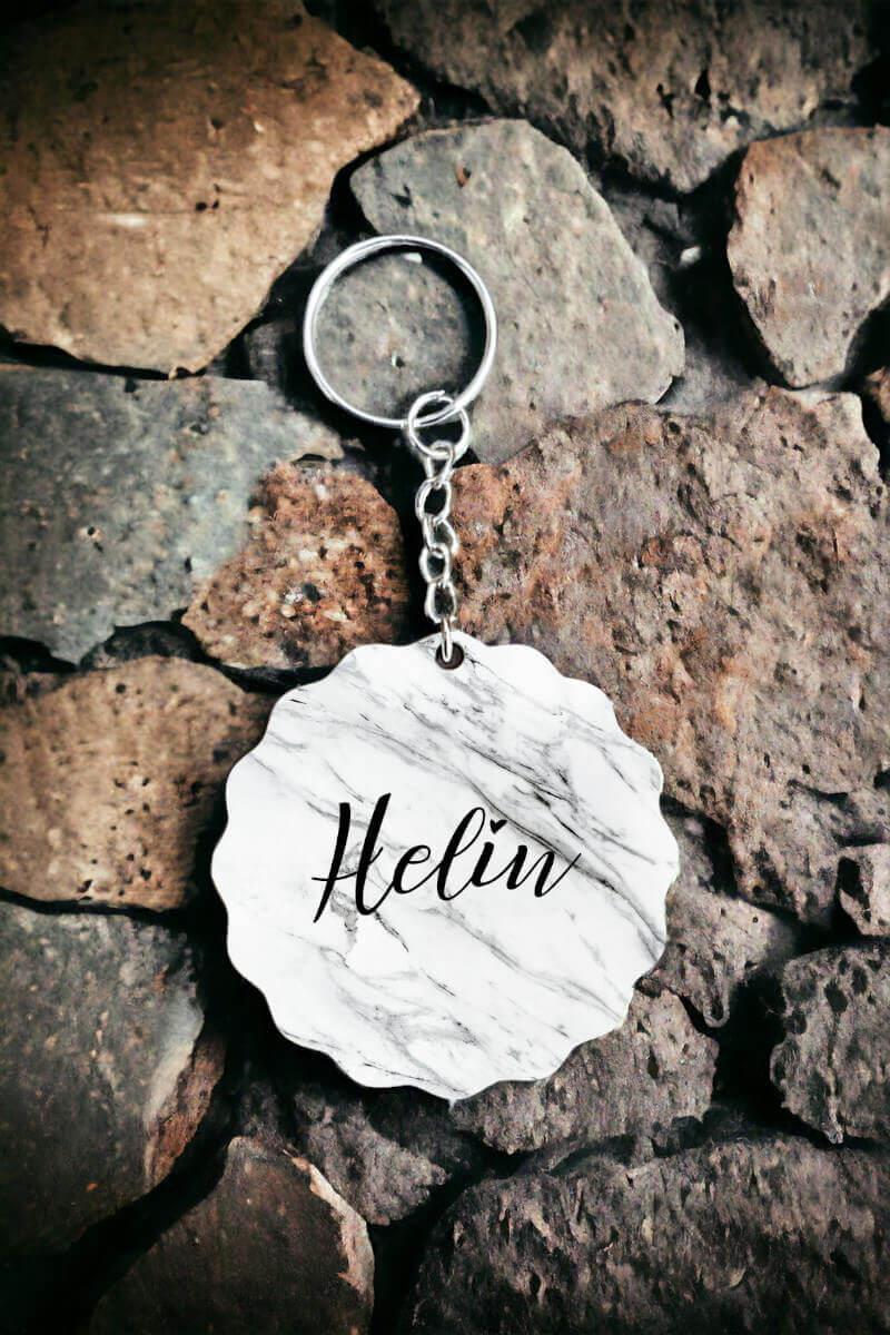 Beyaz Mermer Tasarım Arkaplanlı İsme Özel Anahtarlık