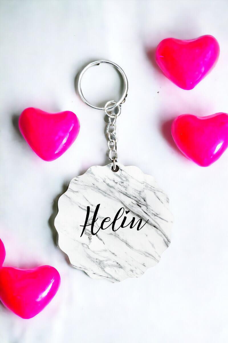 Beyaz Mermer Tasarım Arkaplanlı İsme Özel Anahtarlık