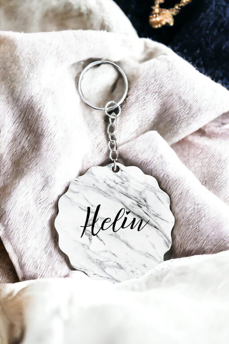 Beyaz Mermer Tasarım Arkaplanlı İsme Özel Anahtarlık