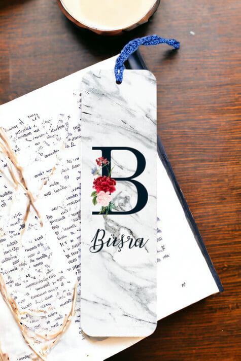 Beyaz Mermer Tasarım Baş Harfli Metal Kitap Ayracı