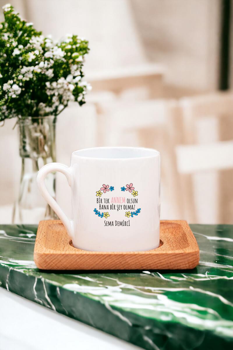 Bi Tek Annem Olsun Ahşap Altlıklı Türk Kahvesi Fincanı