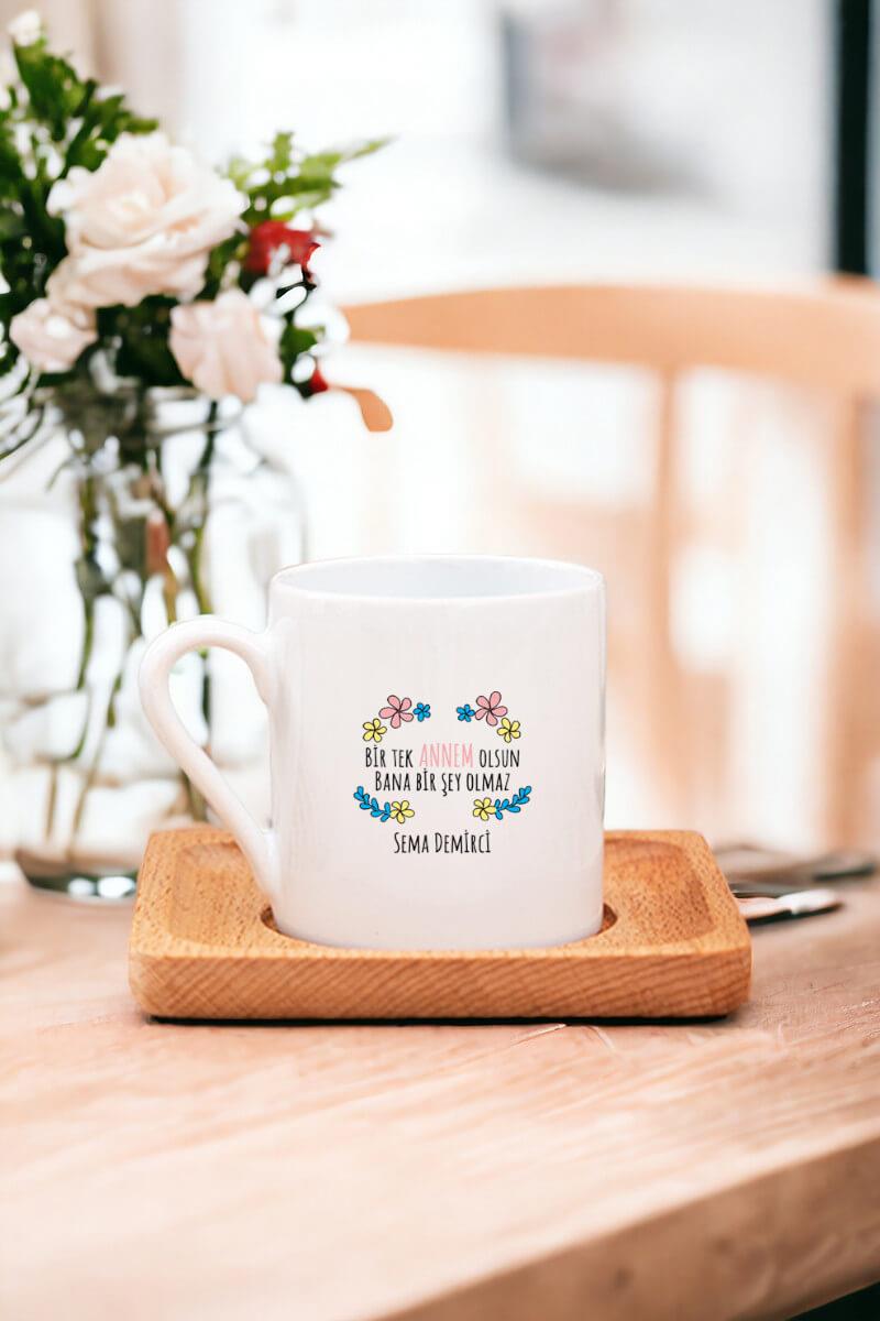 Bi Tek Annem Olsun Ahşap Altlıklı Türk Kahvesi Fincanı