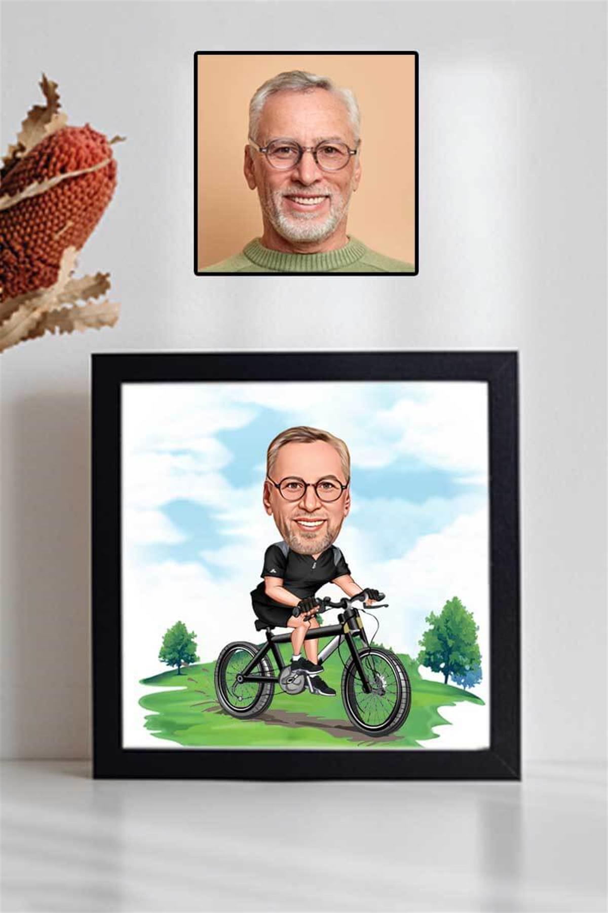 Bisiklet Sever Erkeğe Hediye Karikatürlü Kare Çerçeve