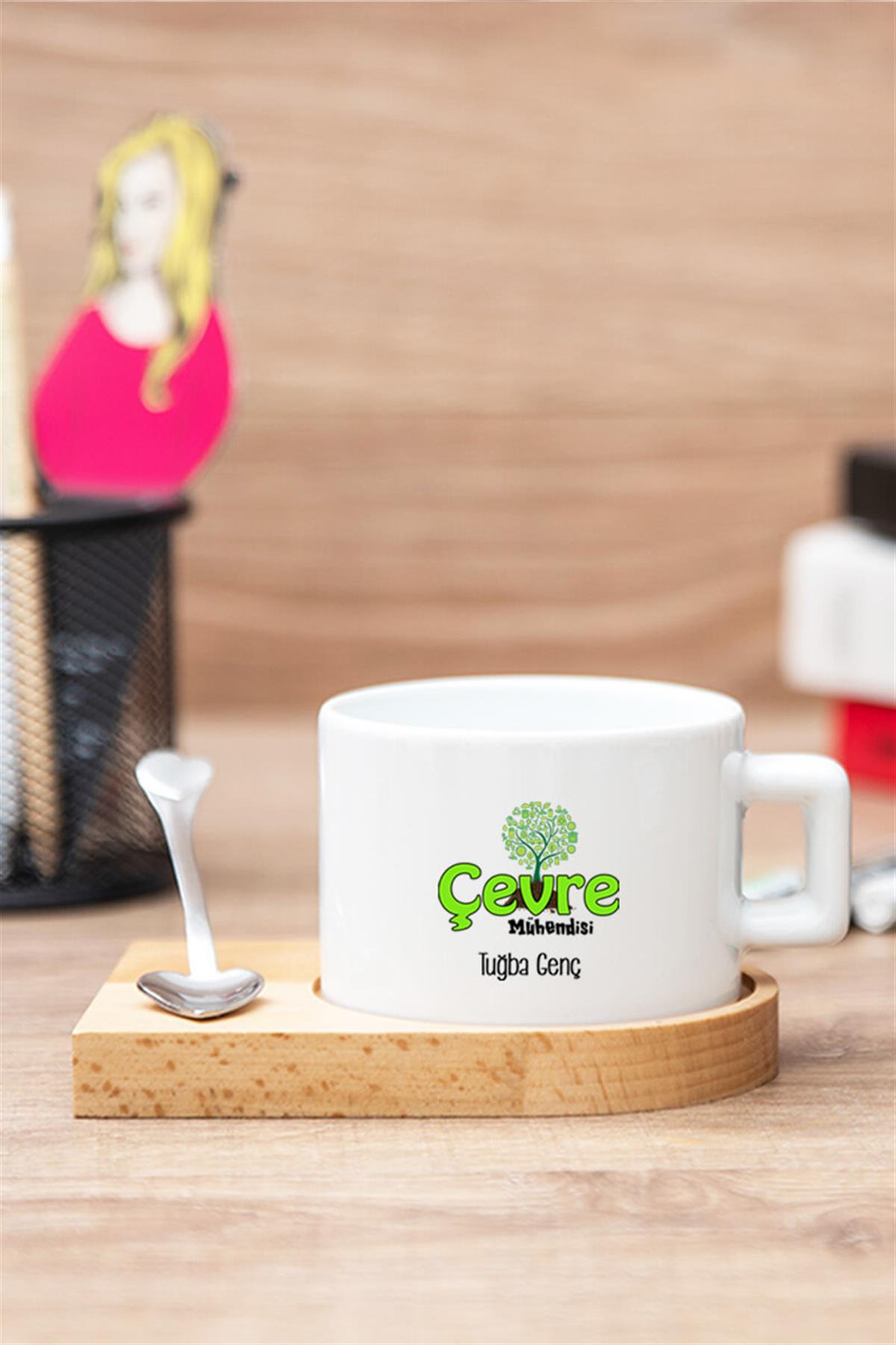 Çevre Mühendisine Hediye Seti Ahşap Altlıklı Fincan ve Kalemlik