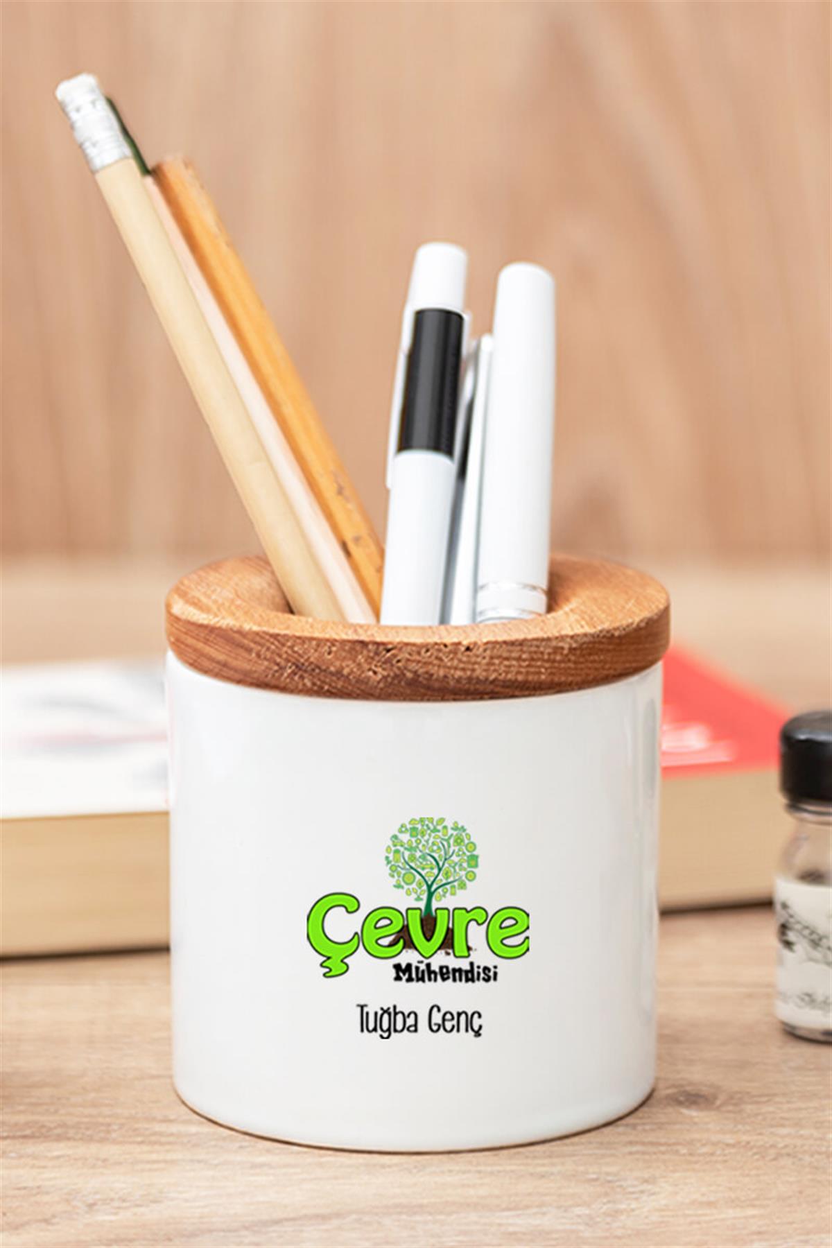 Çevre Mühendisine Hediye Seti Ahşap Altlıklı Fincan ve Kalemlik