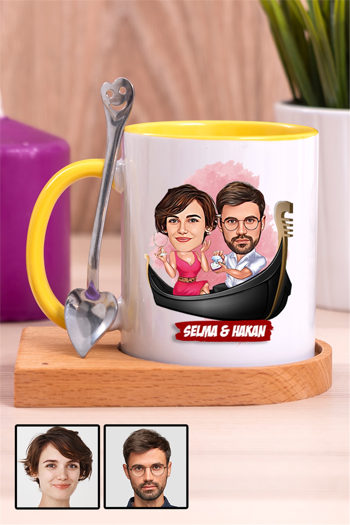 Çiftlere Özel Hediye Tek Taş Yüzük Temalı Karikatürlü Ahşap Altlıklı İçi Renkli Kupa Bardak