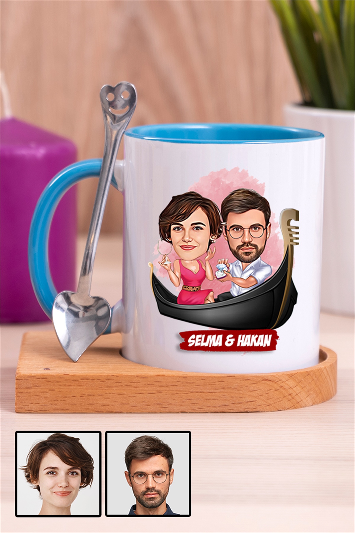 Çiftlere Özel Hediye Tek Taş Yüzük Temalı Karikatürlü Ahşap Altlıklı İçi Renkli Kupa Bardak