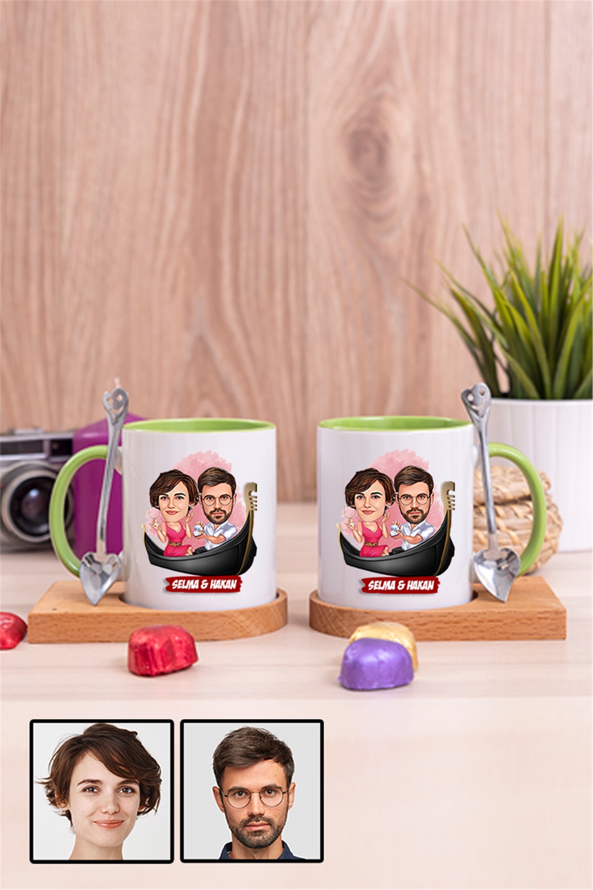 Çiftlere Özel Hediye Tek Taş Yüzük Temalı Karikatürlü İkili Ahşap Altlıklı İçi Renkli Kupa Bardak