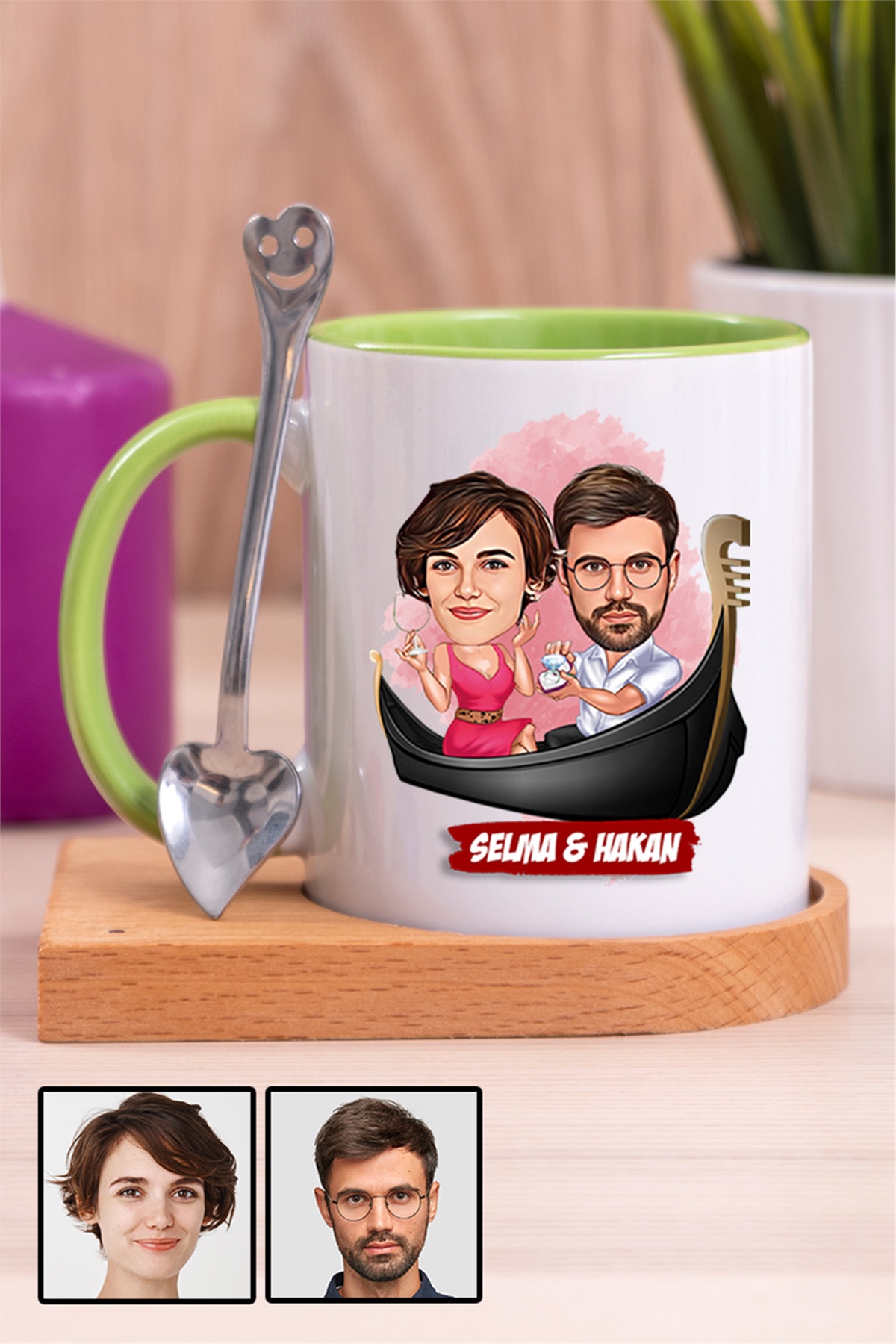 Çiftlere Özel Hediye Tek Taş Yüzük Temalı Karikatürlü Ahşap Altlıklı İçi Renkli Kupa Bardak