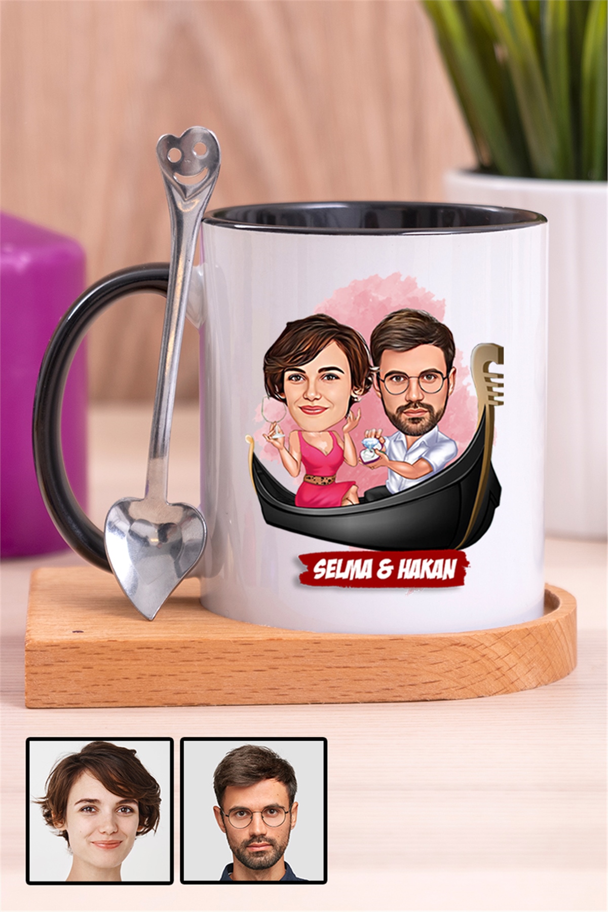 Çiftlere Özel Hediye Tek Taş Yüzük Temalı Karikatürlü Ahşap Altlıklı İçi Renkli Kupa Bardak