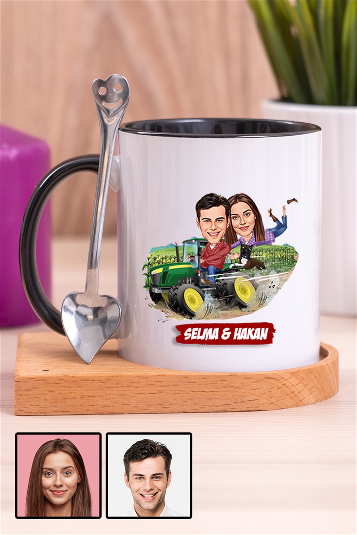 Çiftlere Özel Hediye Traktör Temalı Karikatürlü Ahşap Altlıklı İçi Renkli Kupa Bardak