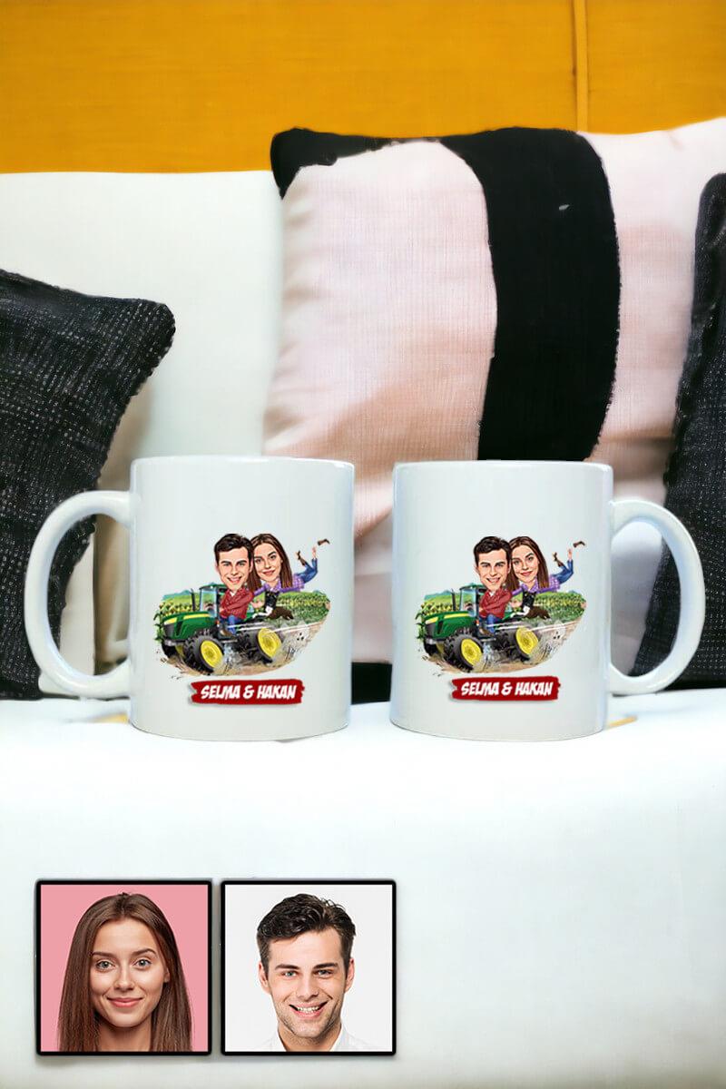 Çiftlere Özel Hediye Traktör Temalı Karikatürlü İkili Beyaz Kupa Bardak