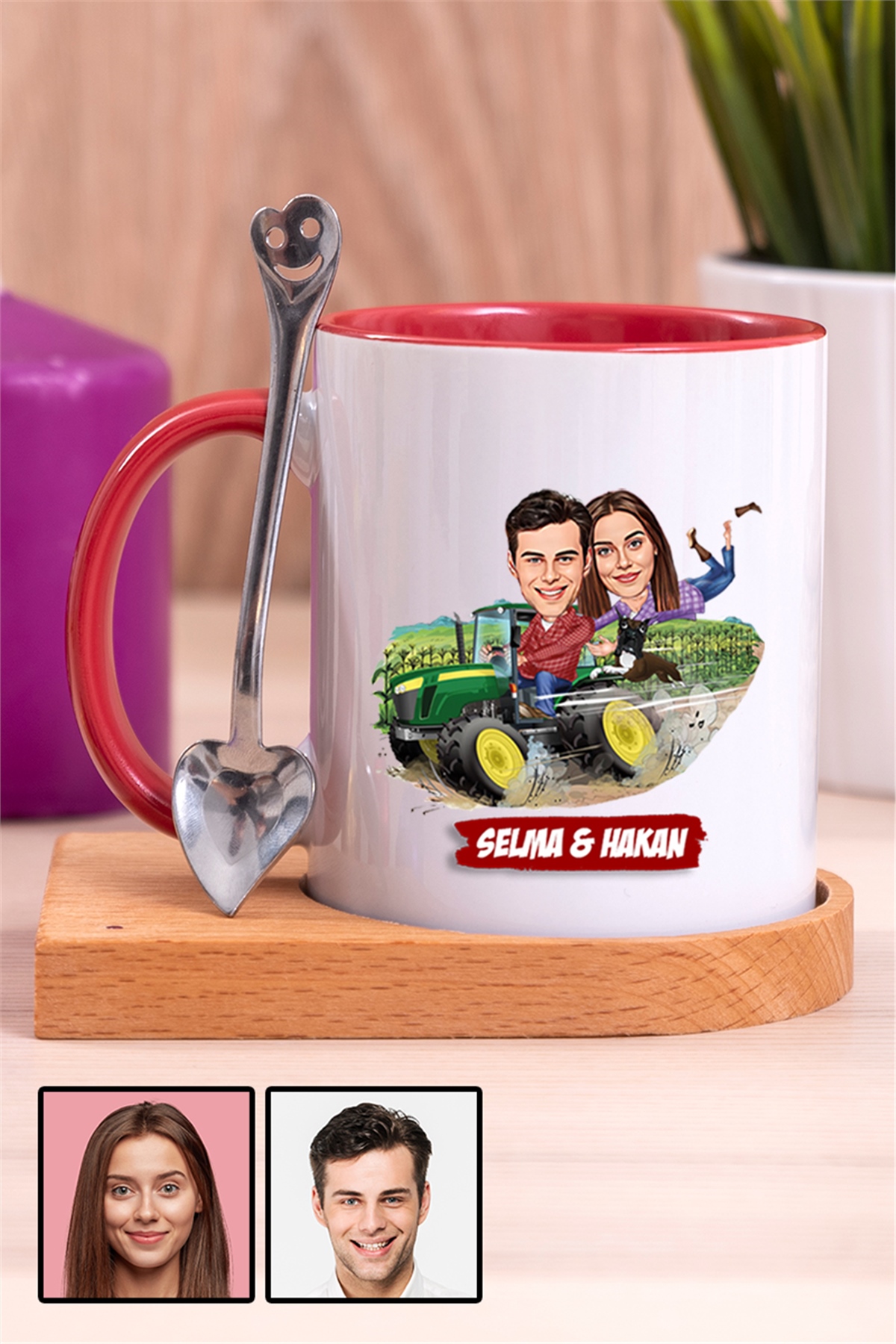 Çiftlere Özel Hediye Traktör Temalı Karikatürlü Ahşap Altlıklı İçi Renkli Kupa Bardak