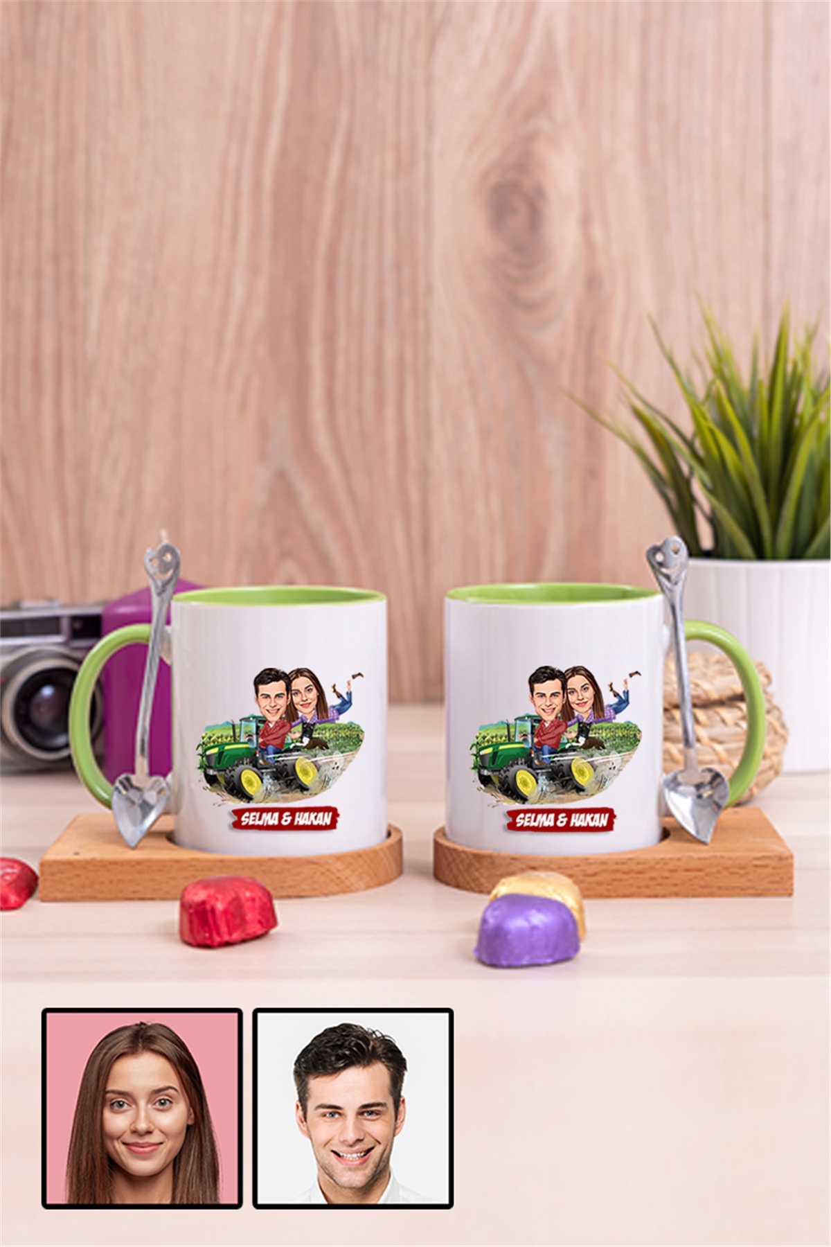Çiftlere Özel Hediye Traktör Temalı Karikatürlü İkili Ahşap Altlıklı İçi Renkli Kupa Bardak