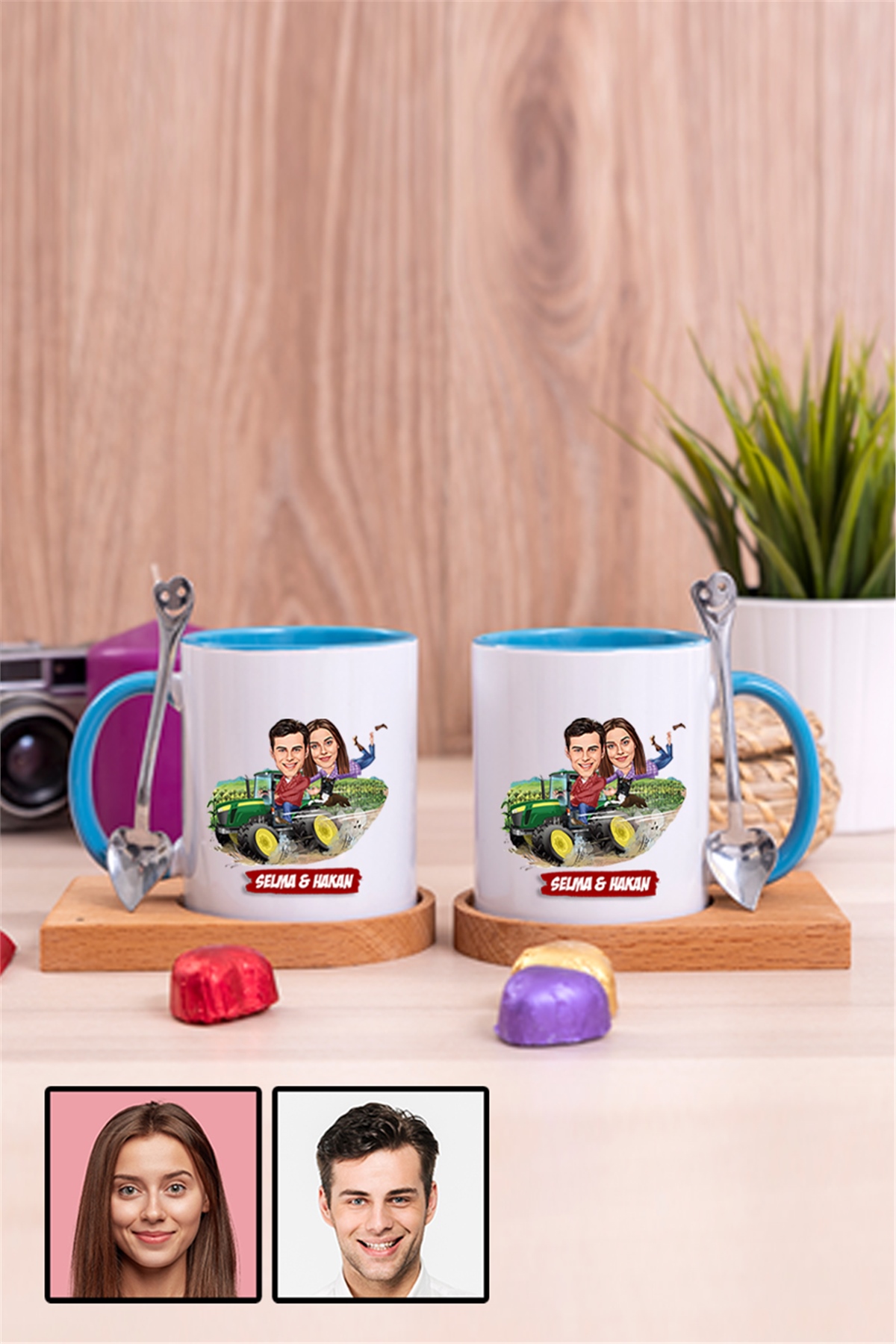 Çiftlere Özel Hediye Traktör Temalı Karikatürlü İkili Ahşap Altlıklı İçi Renkli Kupa Bardak
