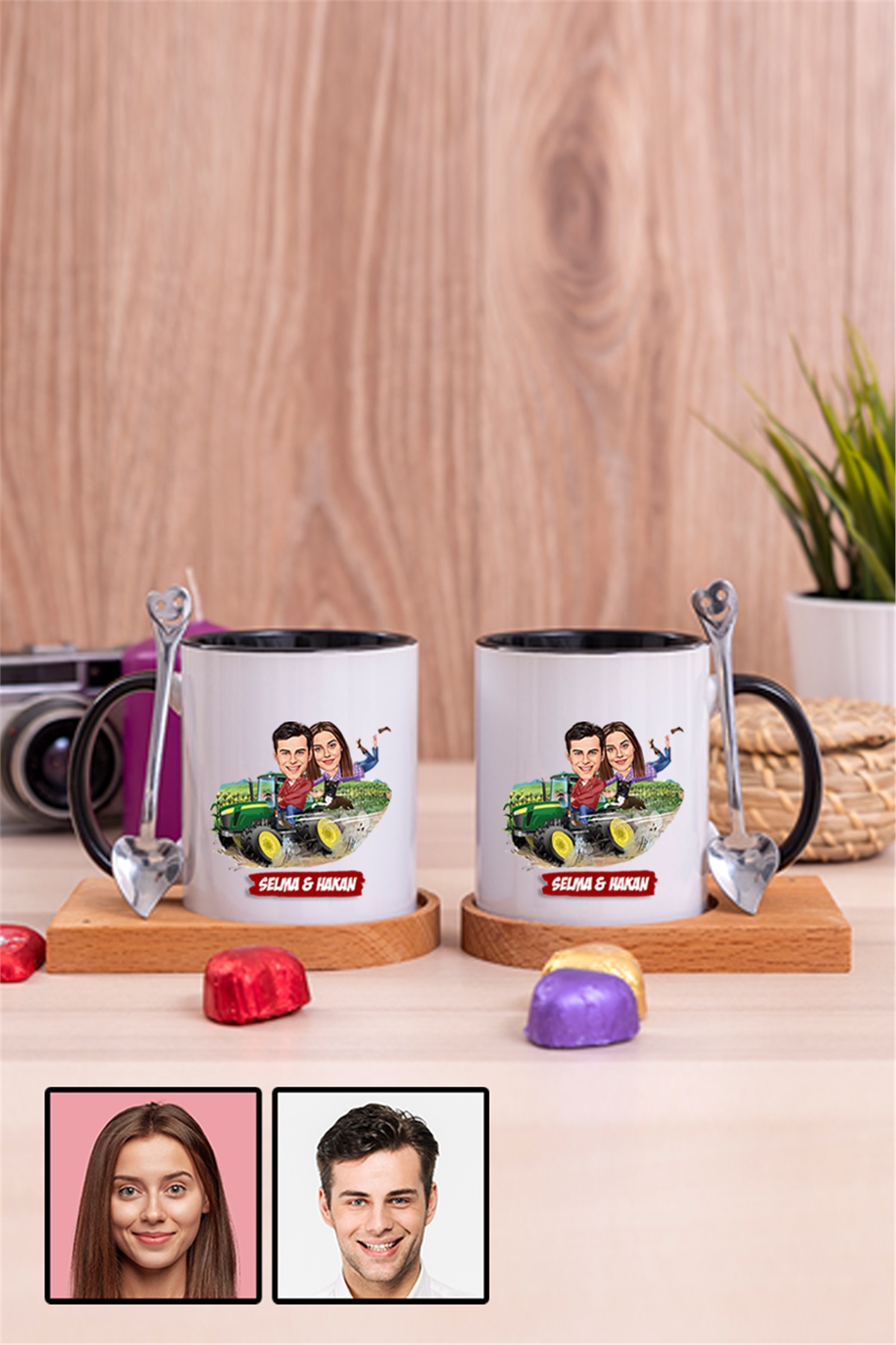 Çiftlere Özel Hediye Traktör Temalı Karikatürlü İkili Ahşap Altlıklı İçi Renkli Kupa Bardak