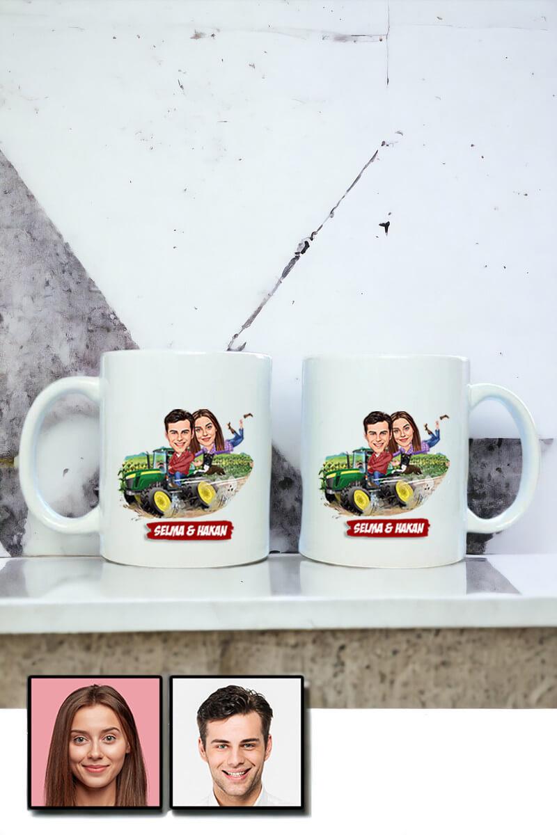 Çiftlere Özel Hediye Traktör Temalı Karikatürlü İkili Beyaz Kupa Bardak