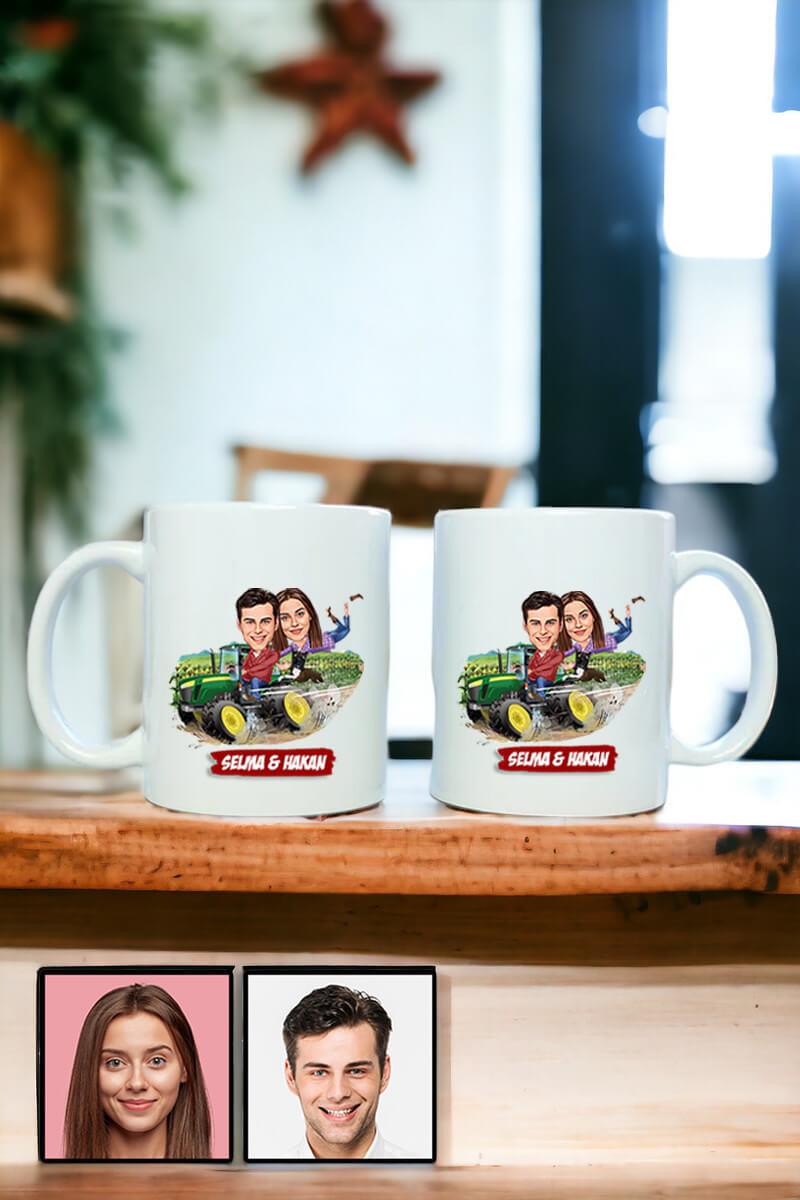 Çiftlere Özel Hediye Traktör Temalı Karikatürlü İkili Beyaz Kupa Bardak