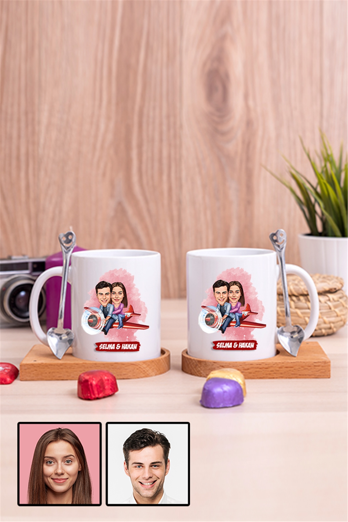 Çiftlere Özel Hediye Uçak Temalı Karikatürlü İkili Ahşap Altlıklı Beyaz Kupa Bardak