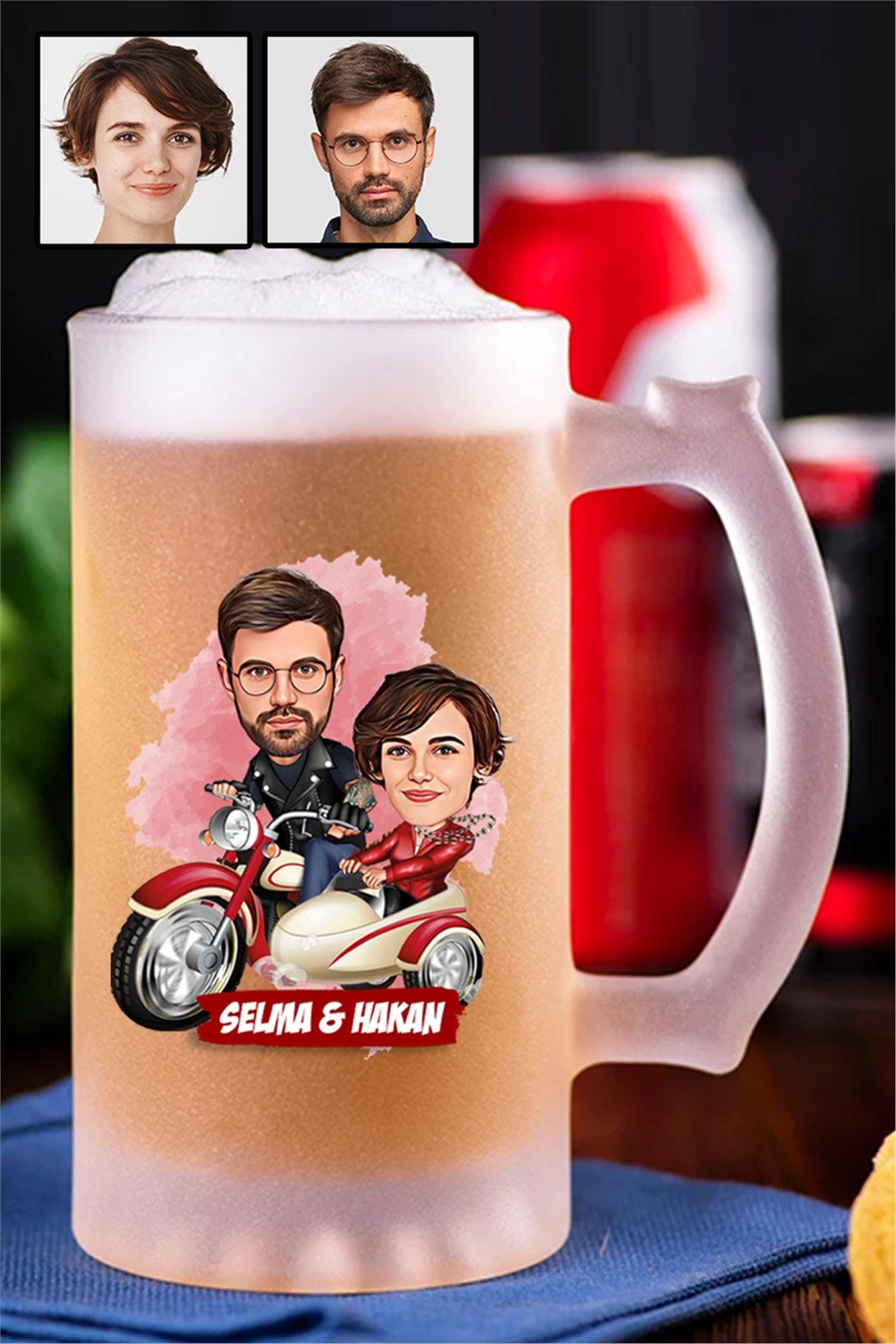 Çiftlere Özel İlginç Hediye Motorsiklet Temalı Karikatürlü Buzlu Cam Bira Bardağı